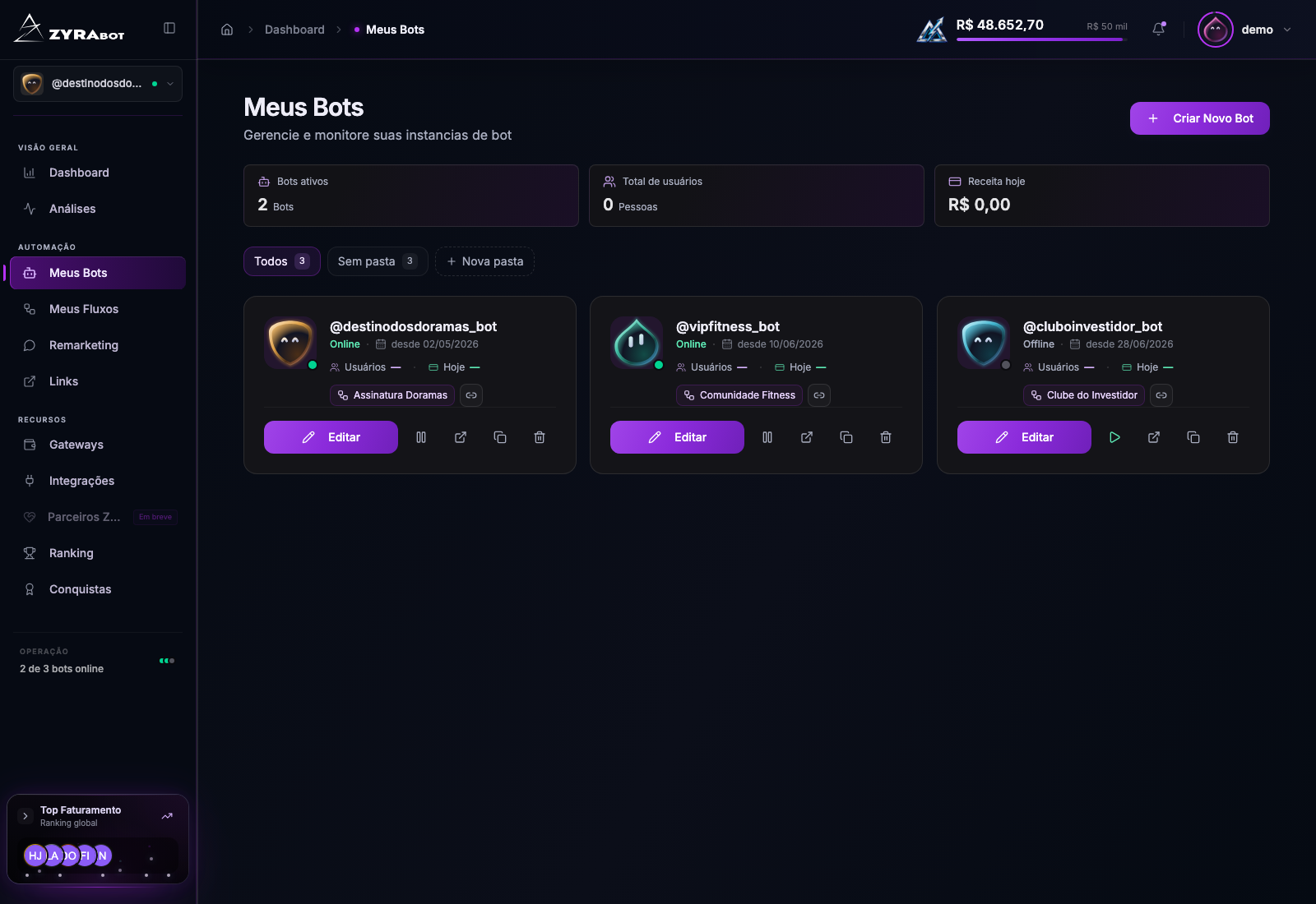 Captura da tela Meus Bots da ZyraBot em uma conta demonstrativa